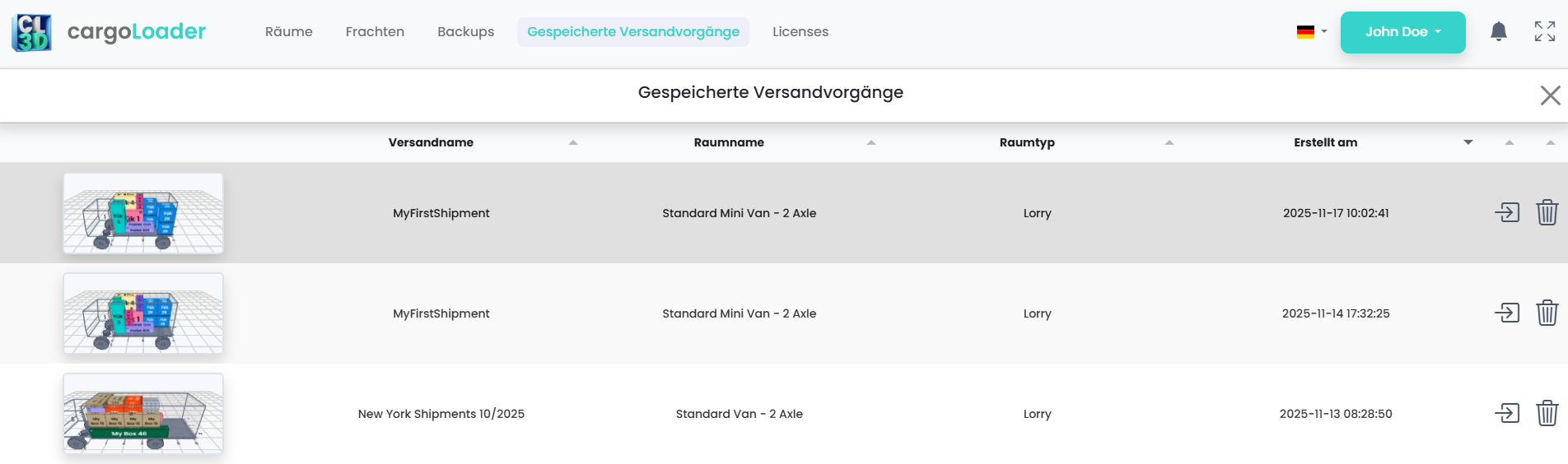 Shipments management panel