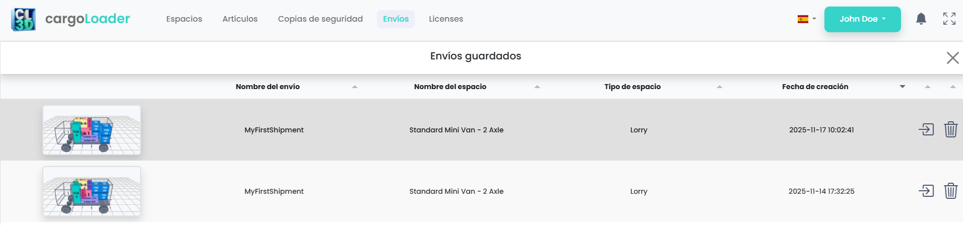 Shipments management panel