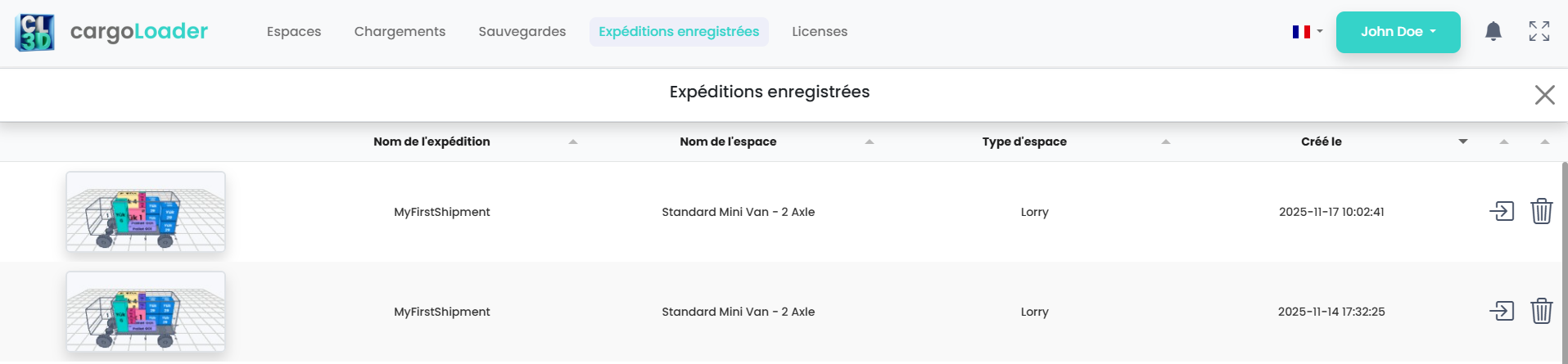 Shipments management panel