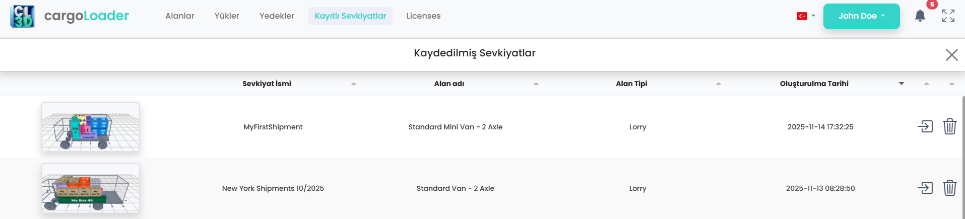 Shipments management panel